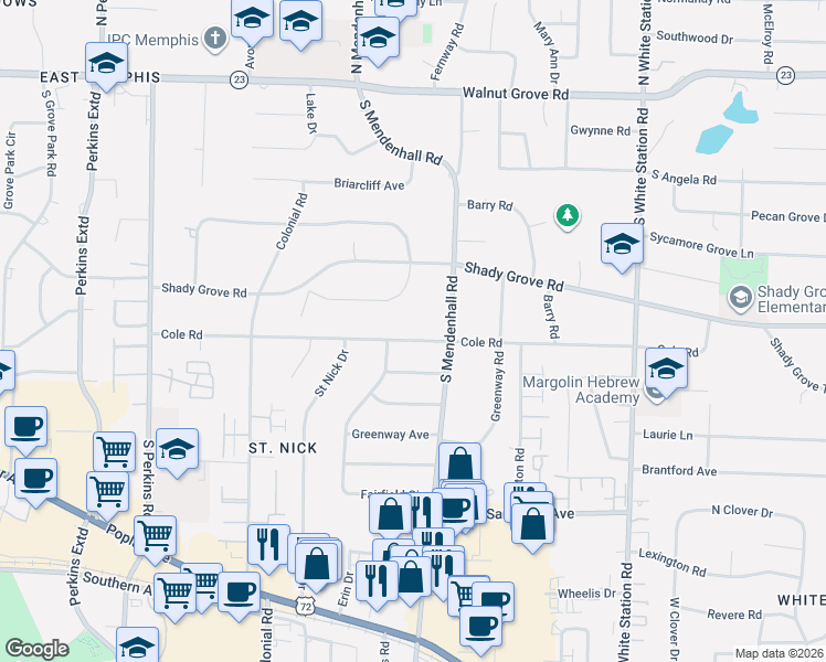 map of restaurants, bars, coffee shops, grocery stores, and more near 4967 Cole Road in Memphis