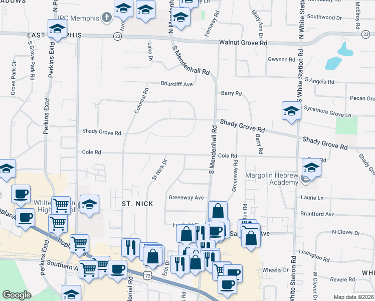 map of restaurants, bars, coffee shops, grocery stores, and more near 4967 Cole Road in Memphis