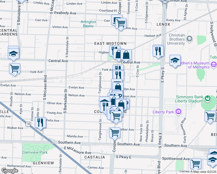 map of restaurants, bars, coffee shops, grocery stores, and more near 2089 Evelyn Avenue in Memphis