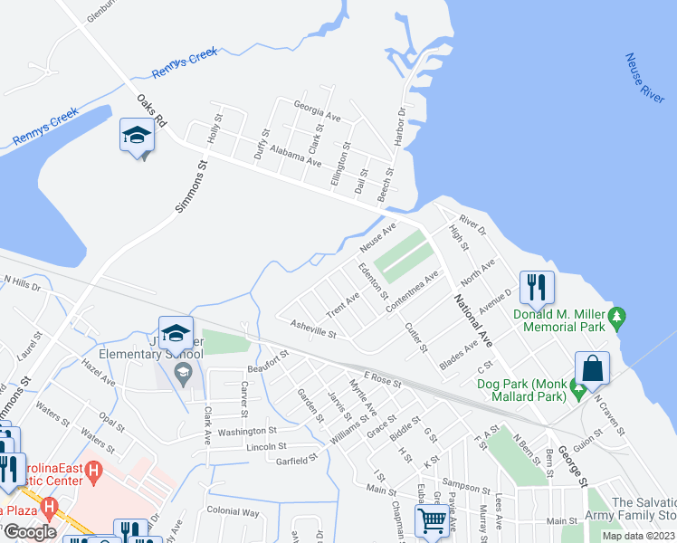 map of restaurants, bars, coffee shops, grocery stores, and more near 1819 Wilmington Street in New Bern