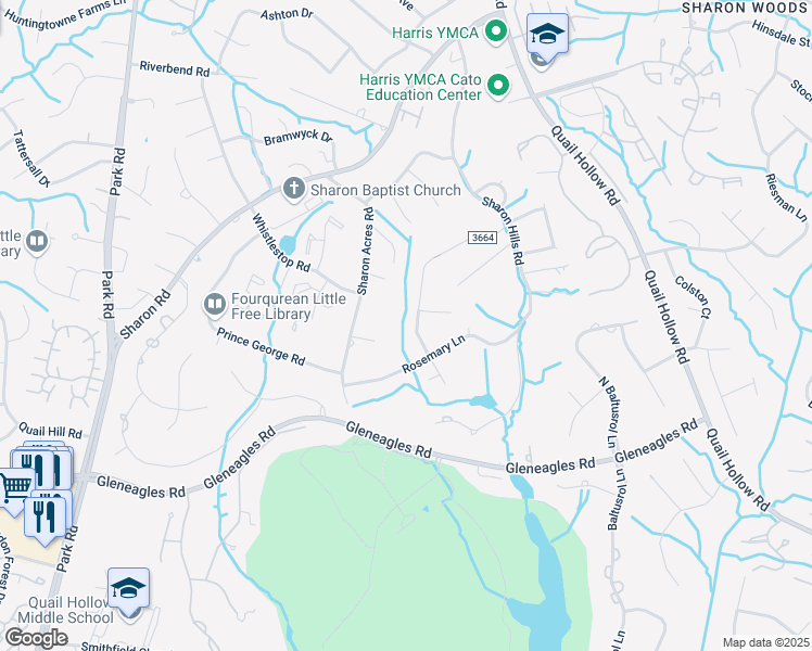 map of restaurants, bars, coffee shops, grocery stores, and more near 6430 Saint John Lane in Charlotte