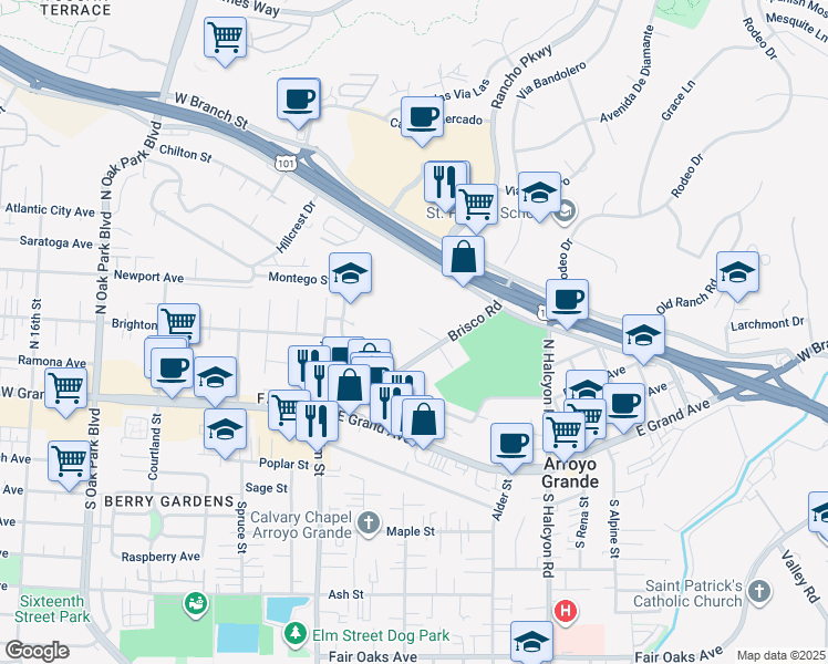 map of restaurants, bars, coffee shops, grocery stores, and more near 171 Brisco Road in Arroyo Grande