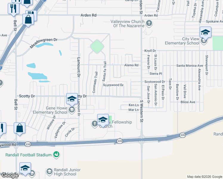 map of restaurants, bars, coffee shops, grocery stores, and more near 8210 Wrangler Trail in Amarillo