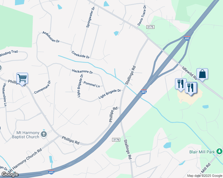 map of restaurants, bars, coffee shops, grocery stores, and more near 1927 Light Brigade Drive in Matthews