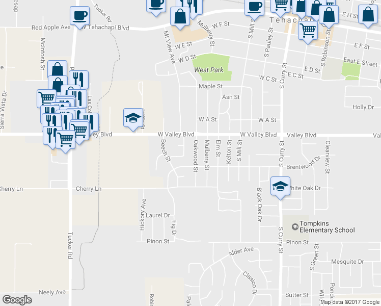 map of restaurants, bars, coffee shops, grocery stores, and more near 817 Oakwood Street in Tehachapi