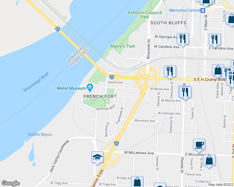 map of restaurants, bars, coffee shops, grocery stores, and more near 1195 Esplanade Place in Memphis