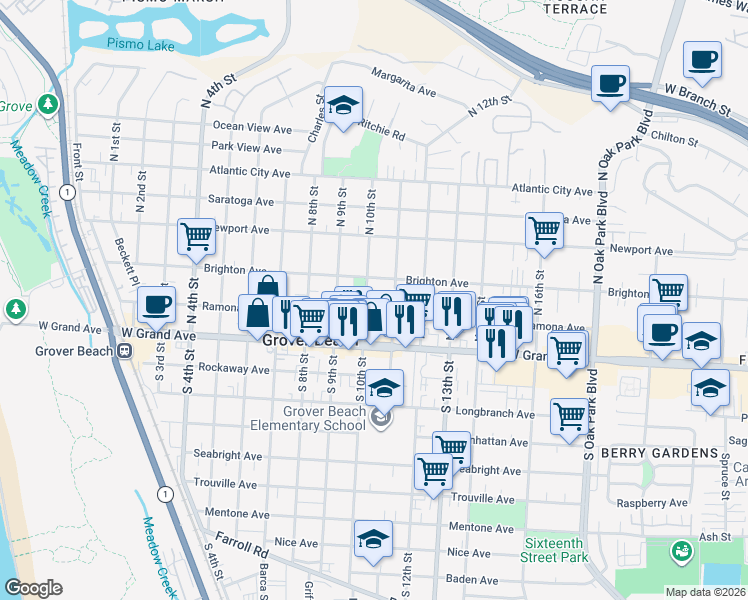 map of restaurants, bars, coffee shops, grocery stores, and more near 242 North 10th Street in Grover Beach