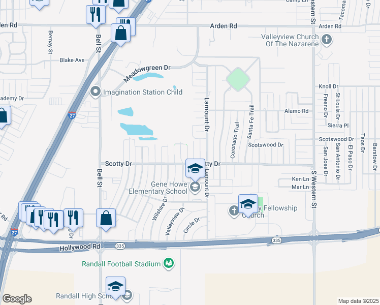 map of restaurants, bars, coffee shops, grocery stores, and more near 4701 Scotty Drive in Amarillo