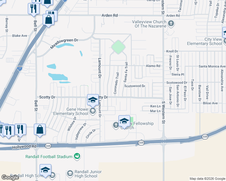 map of restaurants, bars, coffee shops, grocery stores, and more near 8139 Coronado Trail in Amarillo