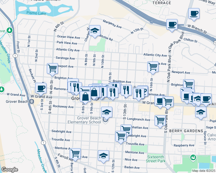 map of restaurants, bars, coffee shops, grocery stores, and more near 243 North 11th Street in Grover Beach