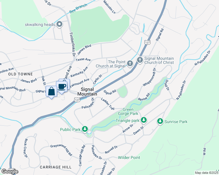 map of restaurants, bars, coffee shops, grocery stores, and more near 912 Ridgeway Avenue in Signal Mountain