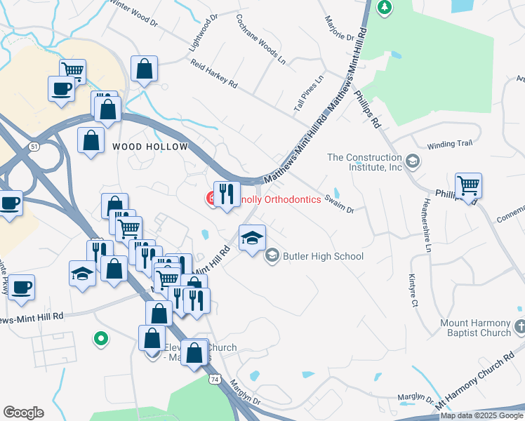 map of restaurants, bars, coffee shops, grocery stores, and more near 2026 Matthews-Mint Hill Road in Matthews