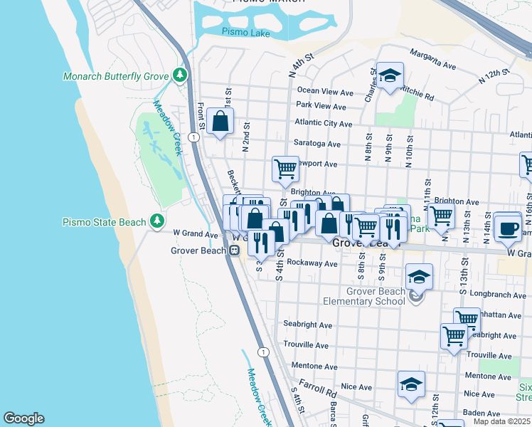 map of restaurants, bars, coffee shops, grocery stores, and more near 208 North 3rd Street in Grover Beach