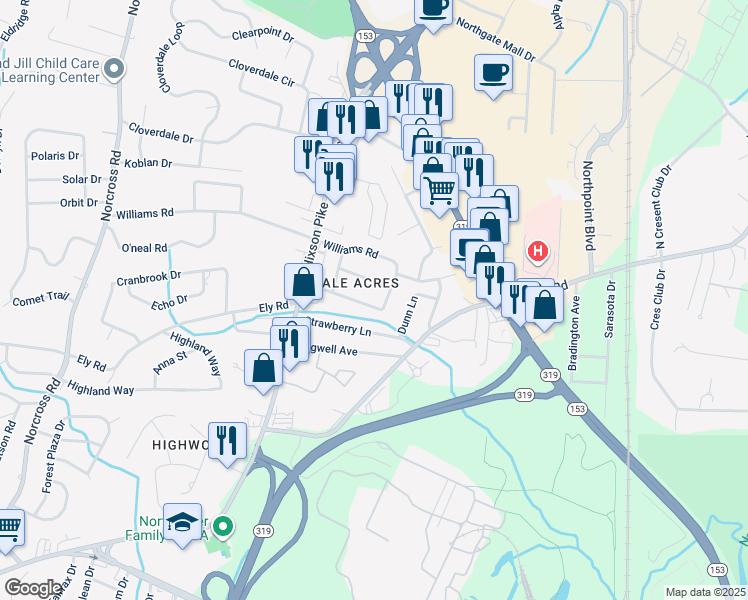 map of restaurants, bars, coffee shops, grocery stores, and more near 1713 Albert Lane in Chattanooga