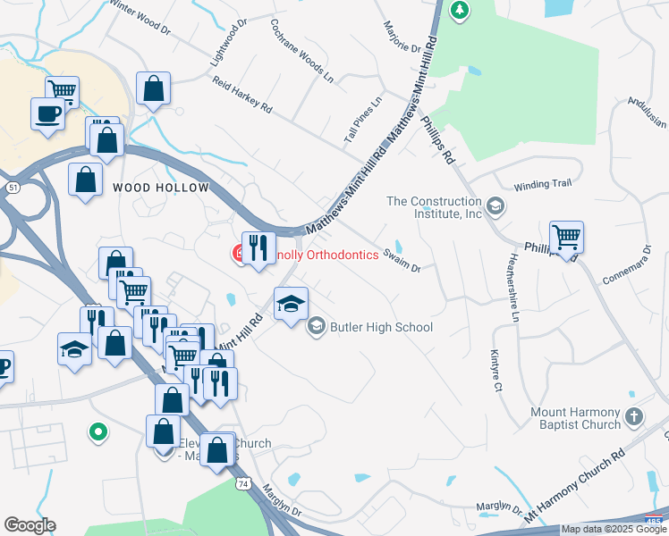 map of restaurants, bars, coffee shops, grocery stores, and more near 1840 Kimway Drive in Matthews