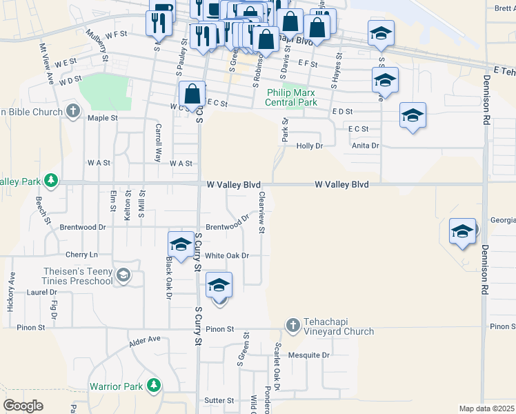 map of restaurants, bars, coffee shops, grocery stores, and more near 819 Clearview Street in Tehachapi