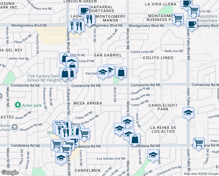 map of restaurants, bars, coffee shops, grocery stores, and more near 10124 Chapala Court Northeast in Albuquerque