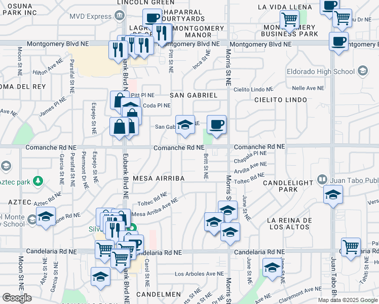 map of restaurants, bars, coffee shops, grocery stores, and more near 3601 Inca Street Northeast in Albuquerque