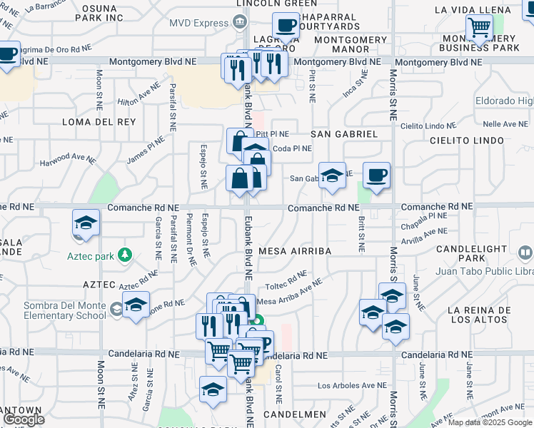 map of restaurants, bars, coffee shops, grocery stores, and more near 3609 Mary Ellen Street Northeast in Albuquerque