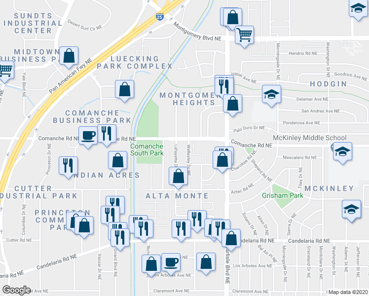 map of restaurants, bars, coffee shops, grocery stores, and more near 3613 Wellesley Drive Northeast in Albuquerque