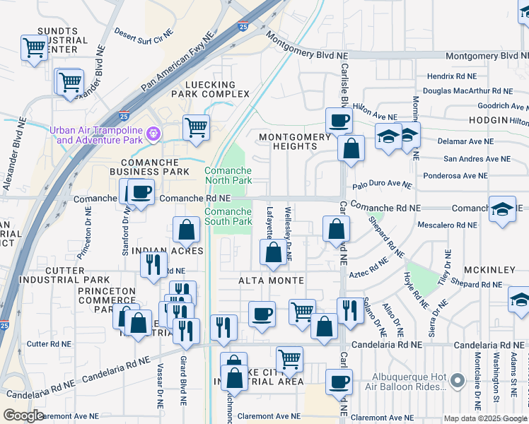 map of restaurants, bars, coffee shops, grocery stores, and more near 3608 Bryn Mawr Drive Northeast in Albuquerque