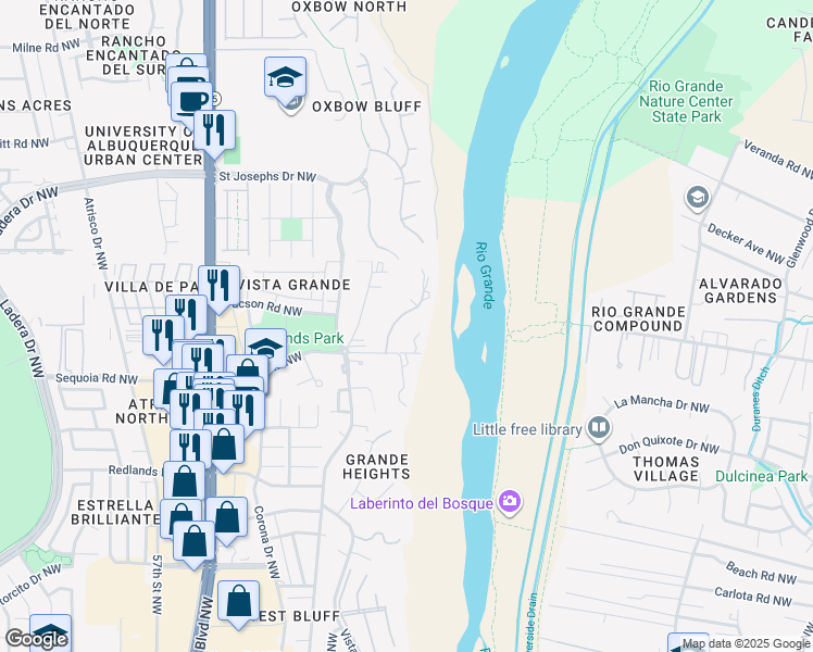 map of restaurants, bars, coffee shops, grocery stores, and more near 3536 Sequoia Place Northwest in Albuquerque