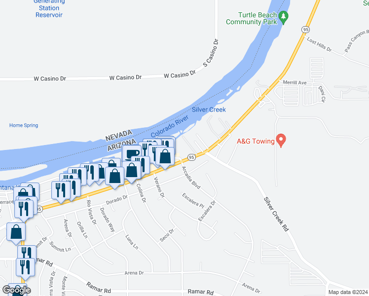 map of restaurants, bars, coffee shops, grocery stores, and more near 1711 Arizona 95 in Bullhead City