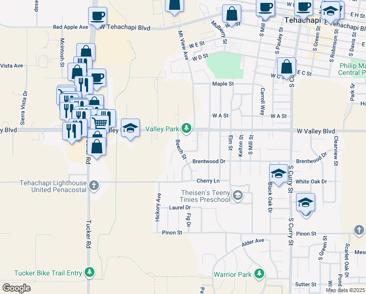 map of restaurants, bars, coffee shops, grocery stores, and more near 819 Beech Street in Tehachapi
