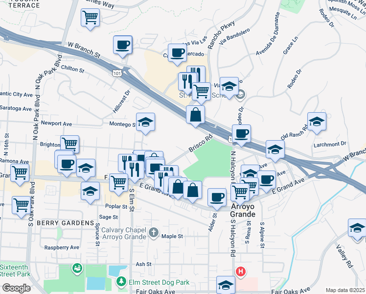 map of restaurants, bars, coffee shops, grocery stores, and more near 196 Brisco Road in Arroyo Grande