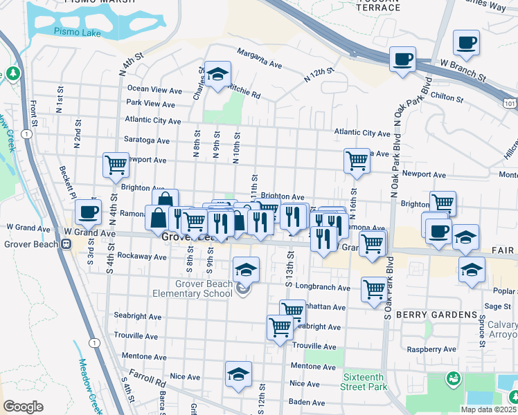 map of restaurants, bars, coffee shops, grocery stores, and more near 1075 Ramona Avenue in Grover Beach