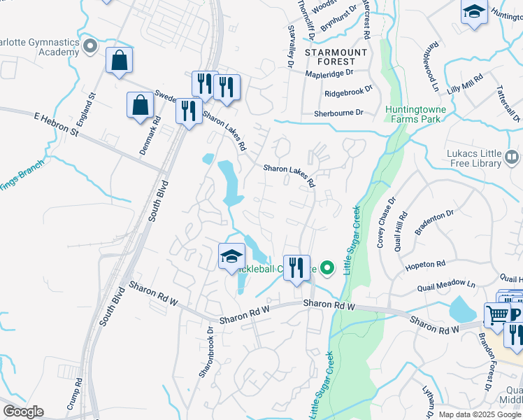 map of restaurants, bars, coffee shops, grocery stores, and more near 7989 Shady Oak Trail in Charlotte
