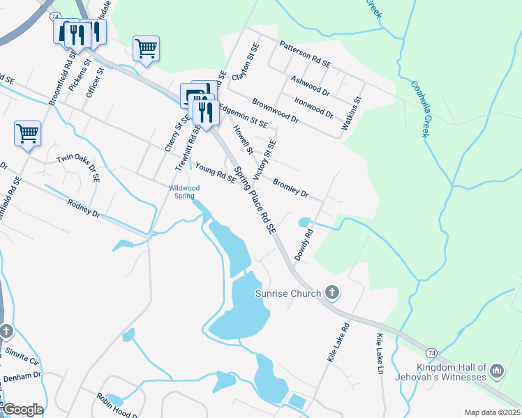 map of restaurants, bars, coffee shops, grocery stores, and more near 2524 Spring Place Road Southeast in Cleveland
