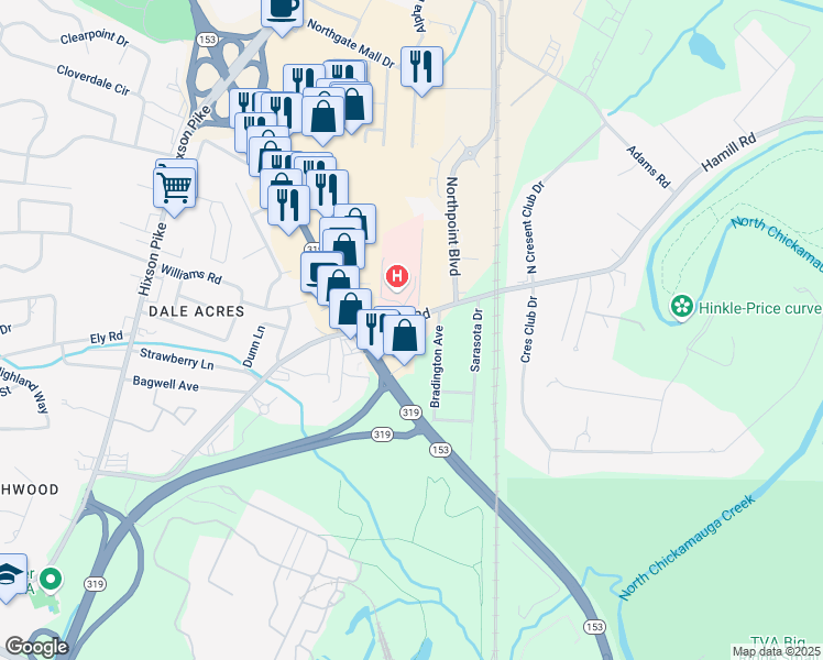 map of restaurants, bars, coffee shops, grocery stores, and more near 5112 Tennessee 153 in Chattanooga