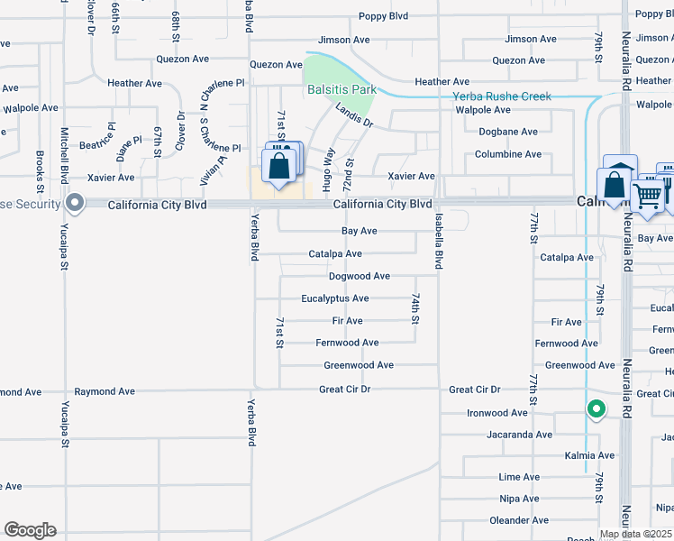 map of restaurants, bars, coffee shops, grocery stores, and more near 7173 Dogwood Avenue in California City