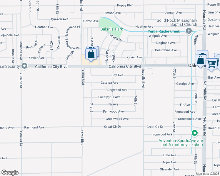 map of restaurants, bars, coffee shops, grocery stores, and more near 7173 Dogwood Avenue in California City