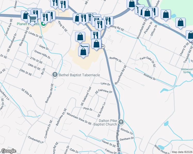 map of restaurants, bars, coffee shops, grocery stores, and more near 145 Southeast Oakland Trail in Cleveland