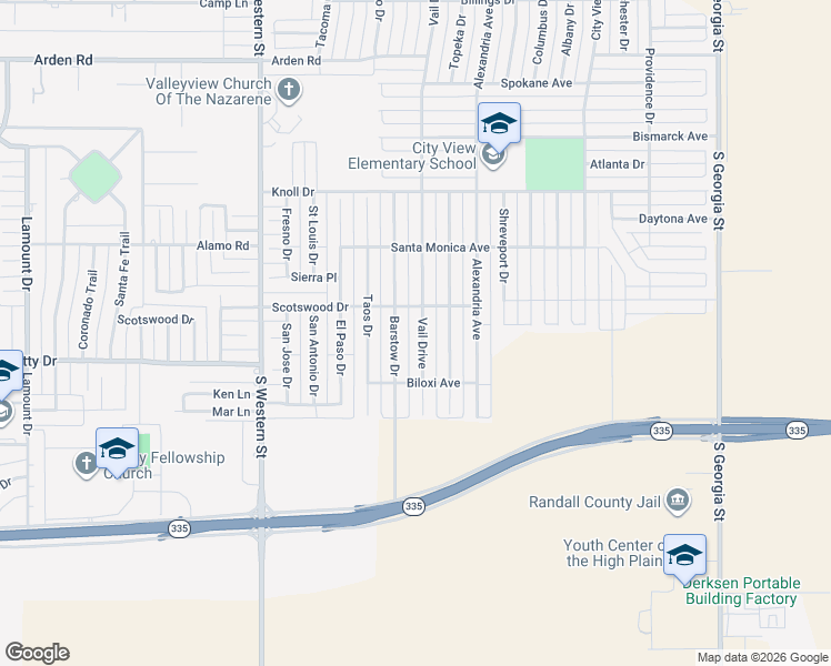 map of restaurants, bars, coffee shops, grocery stores, and more near 8401 Barstow Drive in Amarillo