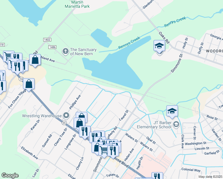 map of restaurants, bars, coffee shops, grocery stores, and more near 2600 North Hills Drive in New Bern