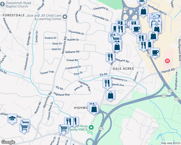 map of restaurants, bars, coffee shops, grocery stores, and more near 1232 Cranbrook Drive in Chattanooga