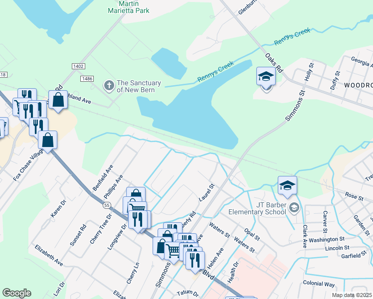 map of restaurants, bars, coffee shops, grocery stores, and more near 2600 North Hills Drive in New Bern