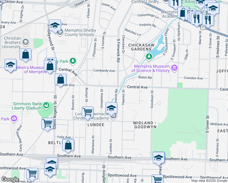map of restaurants, bars, coffee shops, grocery stores, and more near 346 South Fenwick Road in Memphis
