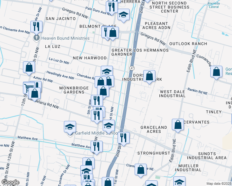 map of restaurants, bars, coffee shops, grocery stores, and more near 220 Headingly Avenue Northwest in Albuquerque