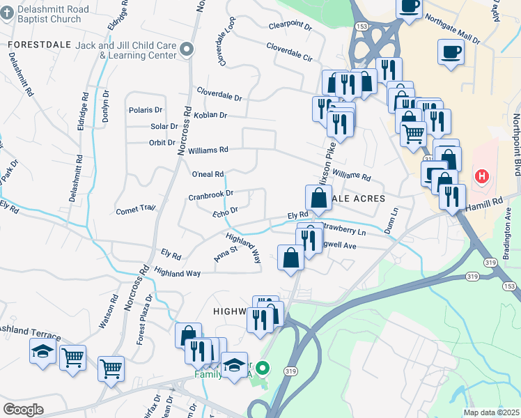 map of restaurants, bars, coffee shops, grocery stores, and more near 1232 Cranbrook Drive in Chattanooga