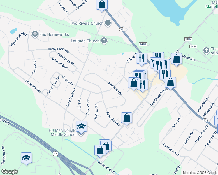 map of restaurants, bars, coffee shops, grocery stores, and more near 1007 Colony Drive in New Bern