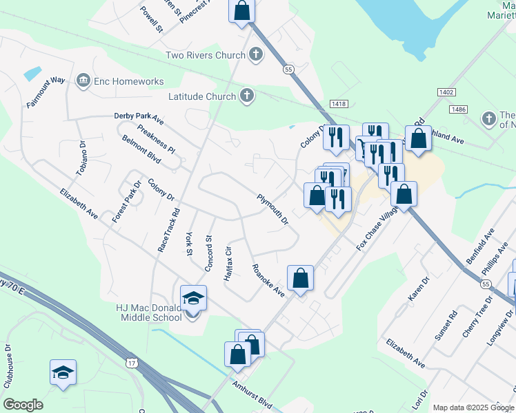 map of restaurants, bars, coffee shops, grocery stores, and more near 1007 Colony Drive in New Bern