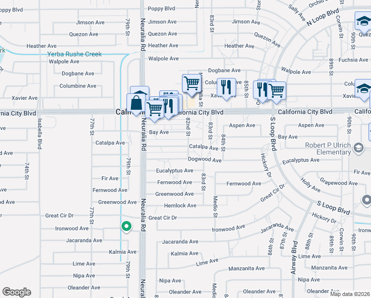 map of restaurants, bars, coffee shops, grocery stores, and more near 8164 Dogwood Avenue in California City