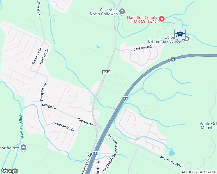 map of restaurants, bars, coffee shops, grocery stores, and more near 7331 County Highway 1145 in Ooltewah