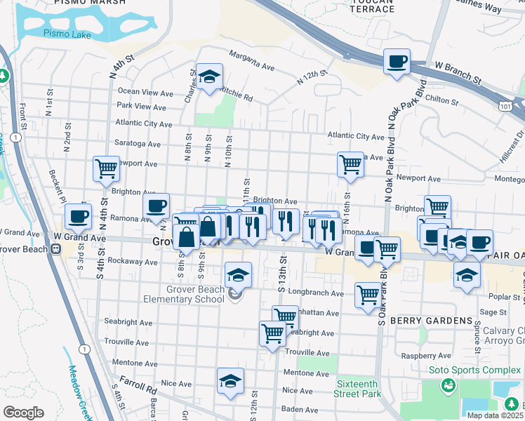 map of restaurants, bars, coffee shops, grocery stores, and more near 275 North 12th Street in Grover Beach