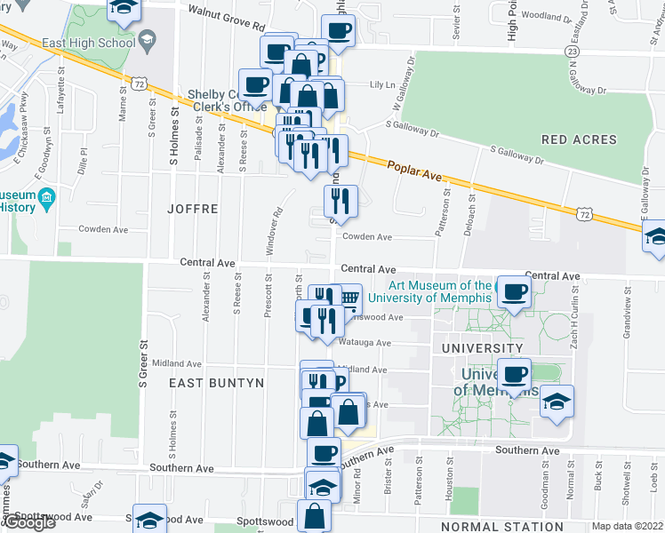 map of restaurants, bars, coffee shops, grocery stores, and more near Central Avenue & South Highland Street in Memphis
