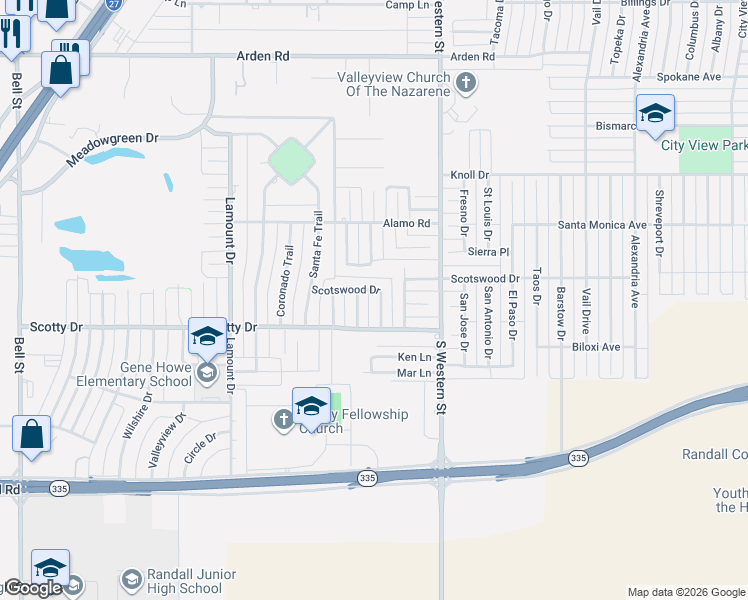 map of restaurants, bars, coffee shops, grocery stores, and more near 8213 Tejas Trail in Amarillo